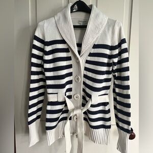 Banana Republic Navy and White Striped Shawl-Collar Cardigan with Tie